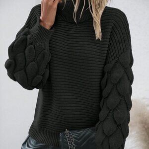 Black Casual Women's Turtleneck Drop Shoulder Sweater